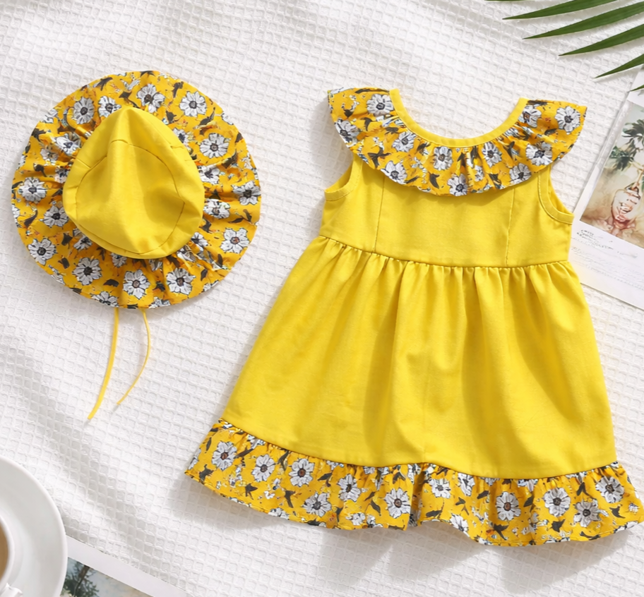 Girls Yellow Floral Print Summer Dress with Matching Hat - Handmade