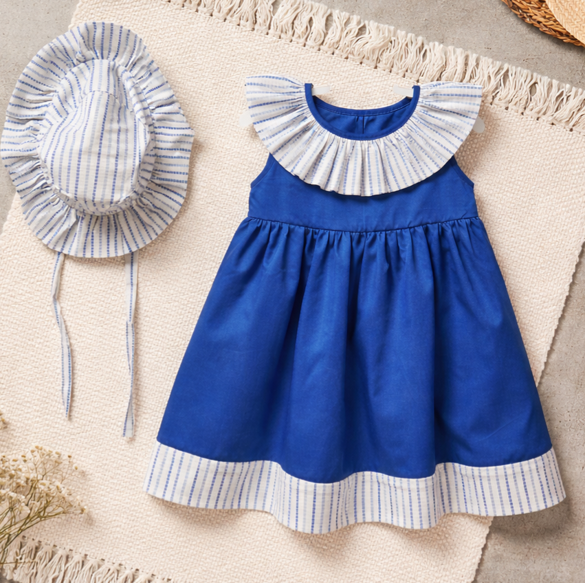 Girls Blue & White Polka Dot Summer Dress with Matching Hat - Handmade