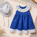 Girls Blue & White Polka Dot Summer Dress with Matching Hat - Handmade