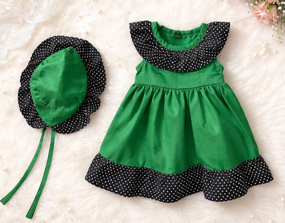 Girls Dark Green & Black Polka Dot Summer Dress with Matching Hat - Handmade
