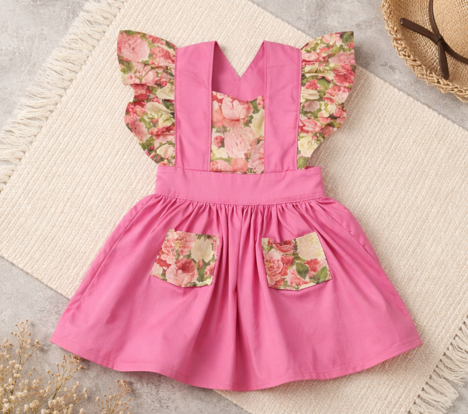Girls Pink Floral Jumper Skirt with Straps and Pockets - Handmade