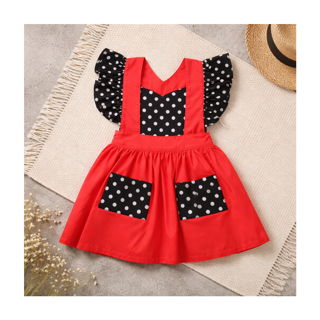 Girls Black & White Polka Dot Jumper Skirt with Ruffles and Pockets - Handmade