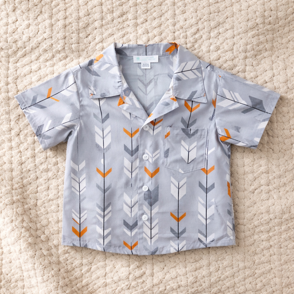 Boys Grey Arrow Print Button-Up Shirt with Pocket - Size 2