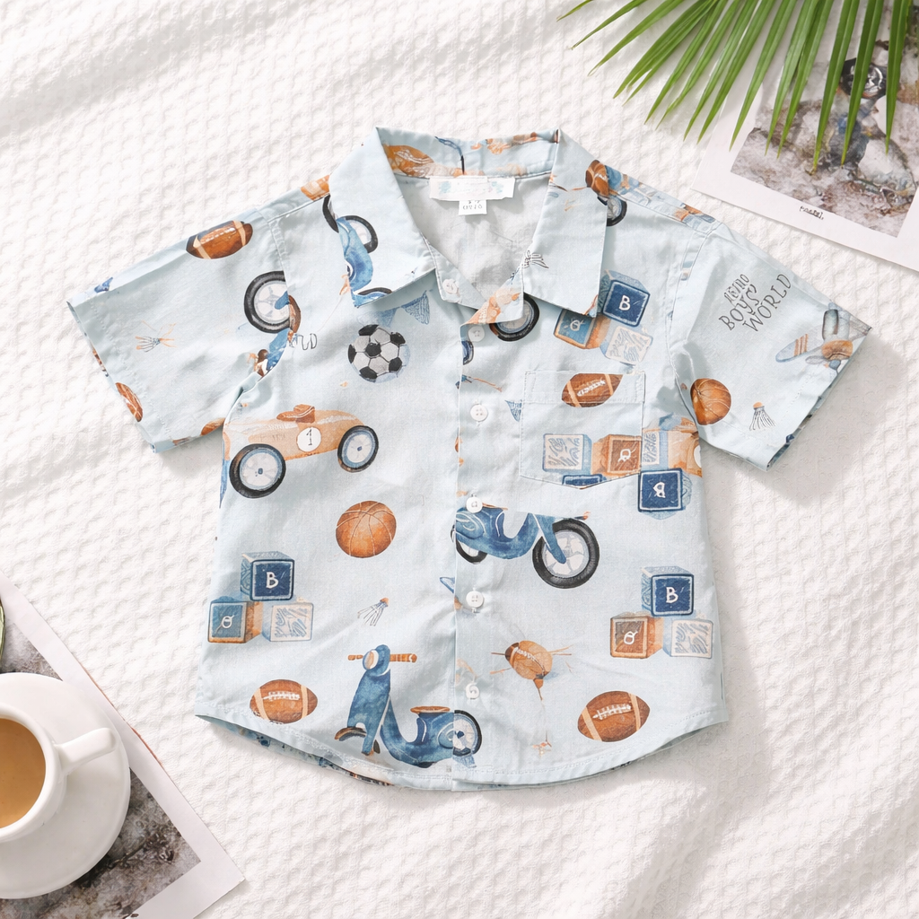 Boys Light Blue Motorcycle & Ball Print Button-Up Shirt with Pocket - Size 2