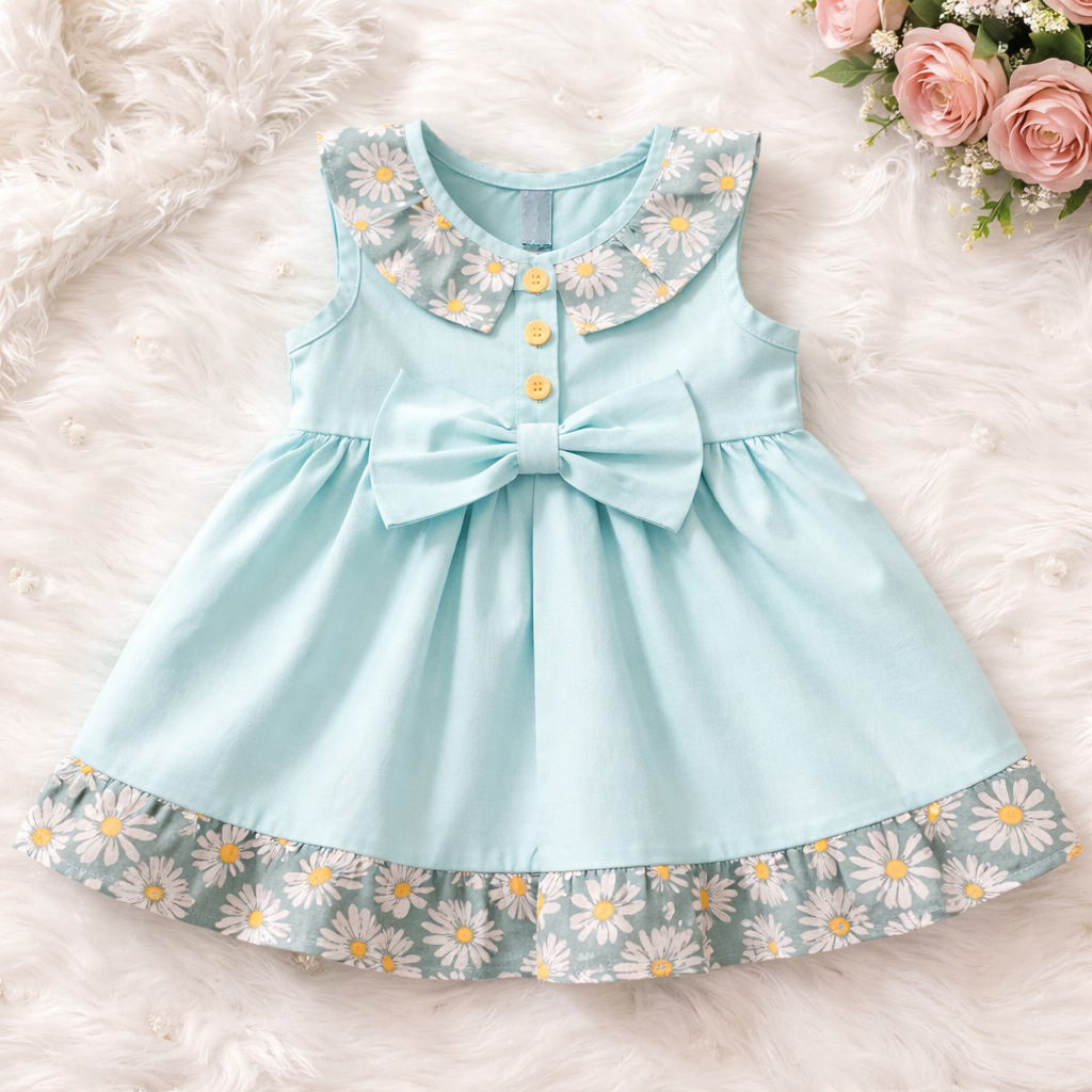 Girls Mint Green Floral Print Summer Dress with Matching Hat - Handmade