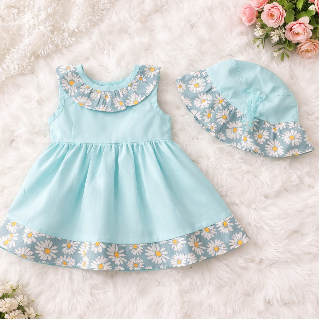 Girls Mint Green Floral Print Summer Dress with Matching Hat - Handmade