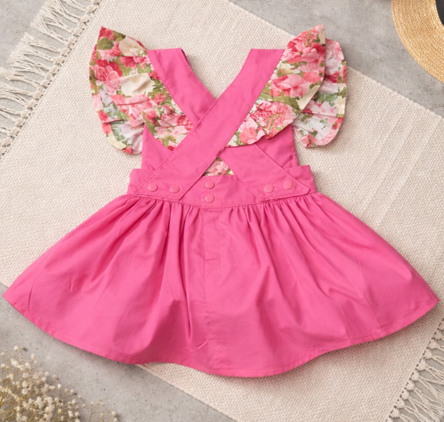 Girls Pink Floral Jumper Skirt with Straps and Pockets - Handmade