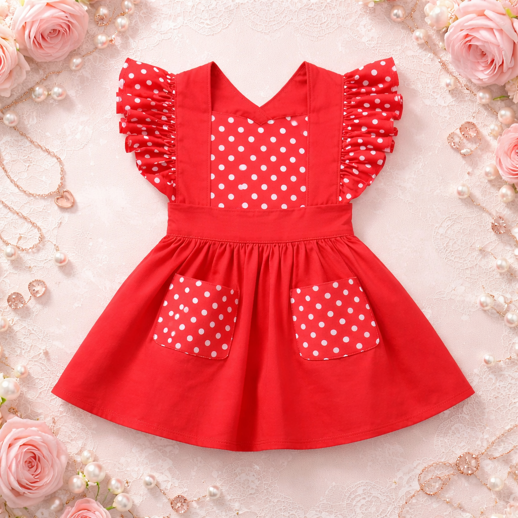 Girls Red & White Polka Dot Jumper Skirt with Ruffles and Pockets - Handmade