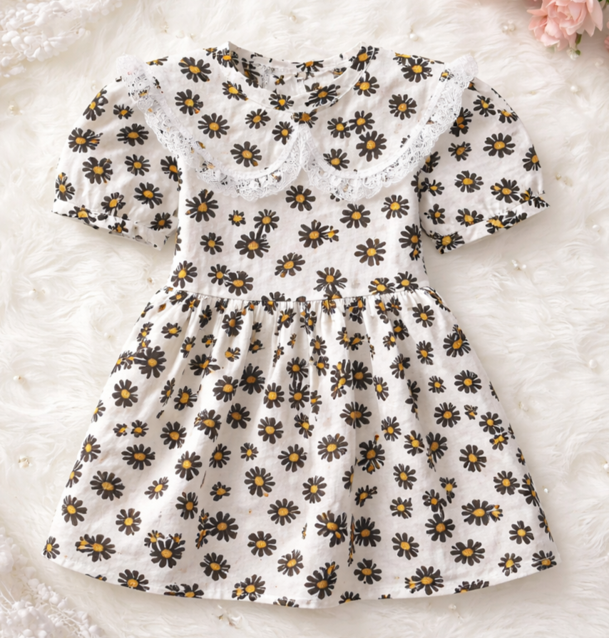 Girls White Daisy Dress with Peter Pan Collar and Bow