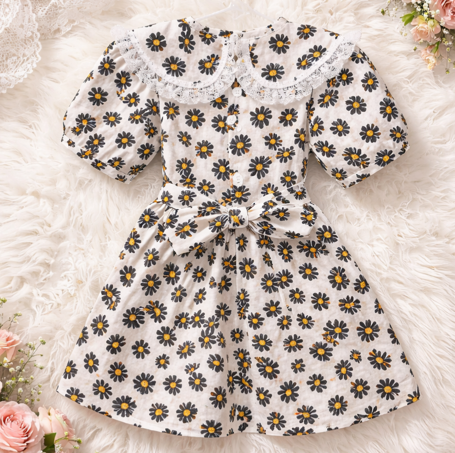 Girls White Daisy Dress with Peter Pan Collar and Bow