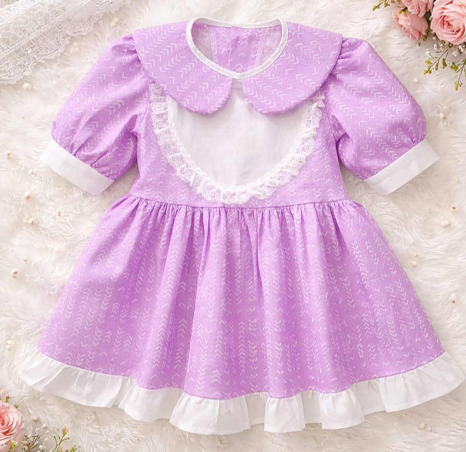 Girls Lilac Polka Dot Dress with Lace Detail