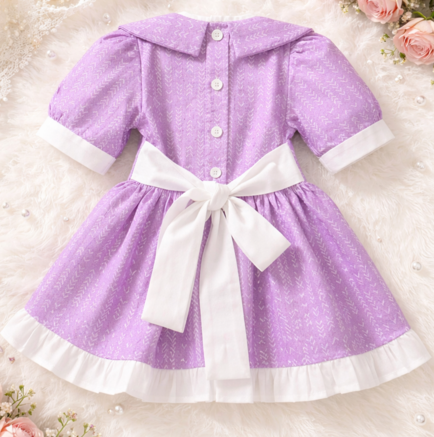 Girls Lilac Polka Dot Dress with Lace Detail