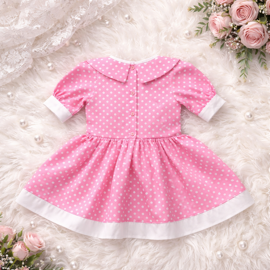 Girls Pink Polka Dot Dress with Lace Detail