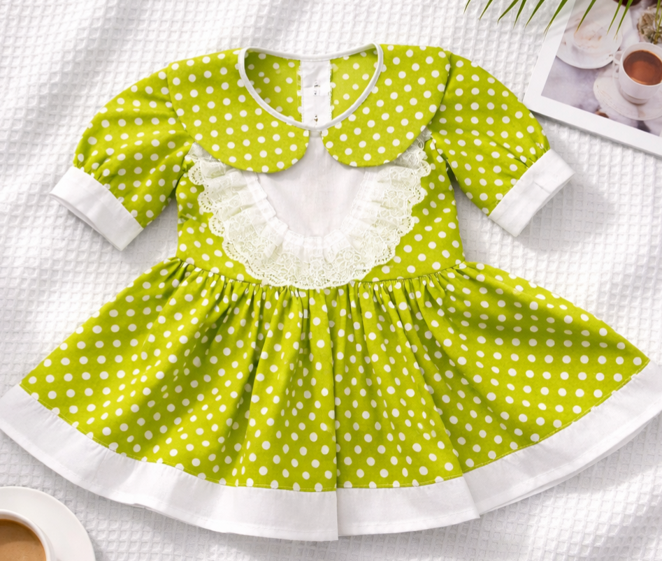 Girls Green Polka Dot Dress with Lace Detail