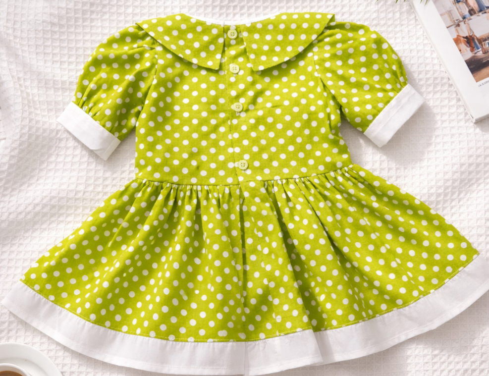 Girls Green Polka Dot Dress with Lace Detail
