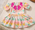 Girls Pastel Multicolor Diamond Print Dress with Chest Detail