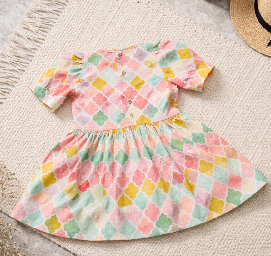 Girls Pastel Multicolor Diamond Print Dress with Chest Detail