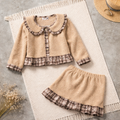 Girls Beige & Brown Plaid 2-Piece Jacket & Skirt Set - Handmade Exclusive