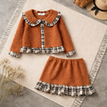 Girls Terracotta & Brown Plaid 2-Piece Jacket & Skirt Set - Handmade Exclusive