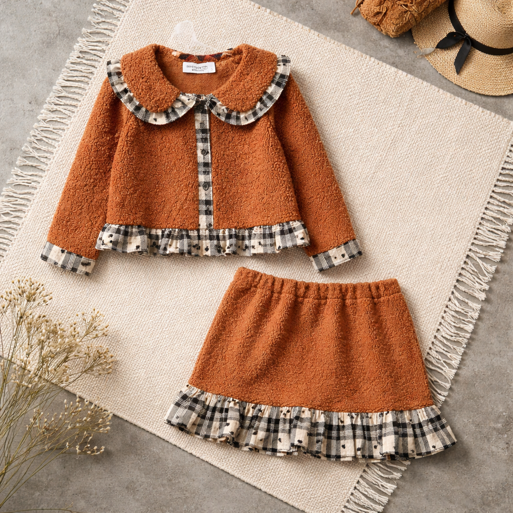 Girls Terracotta & Brown Plaid 2-Piece Jacket & Skirt Set - Handmade Exclusive