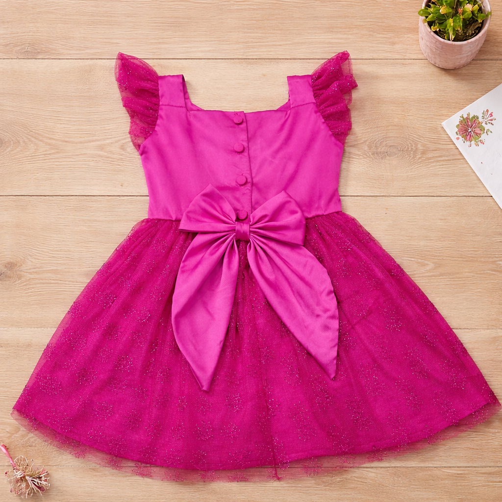 Girls Fuchsia Tulle Butterfly Sleeve Bow Back Handmade Dress