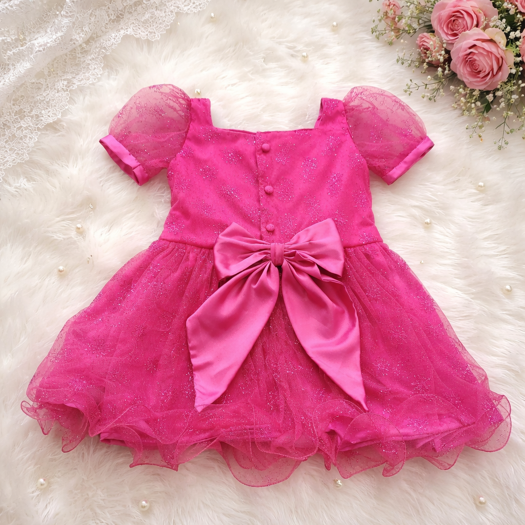 Girls Fuchsia Floral Tulle Party Dress with Bow