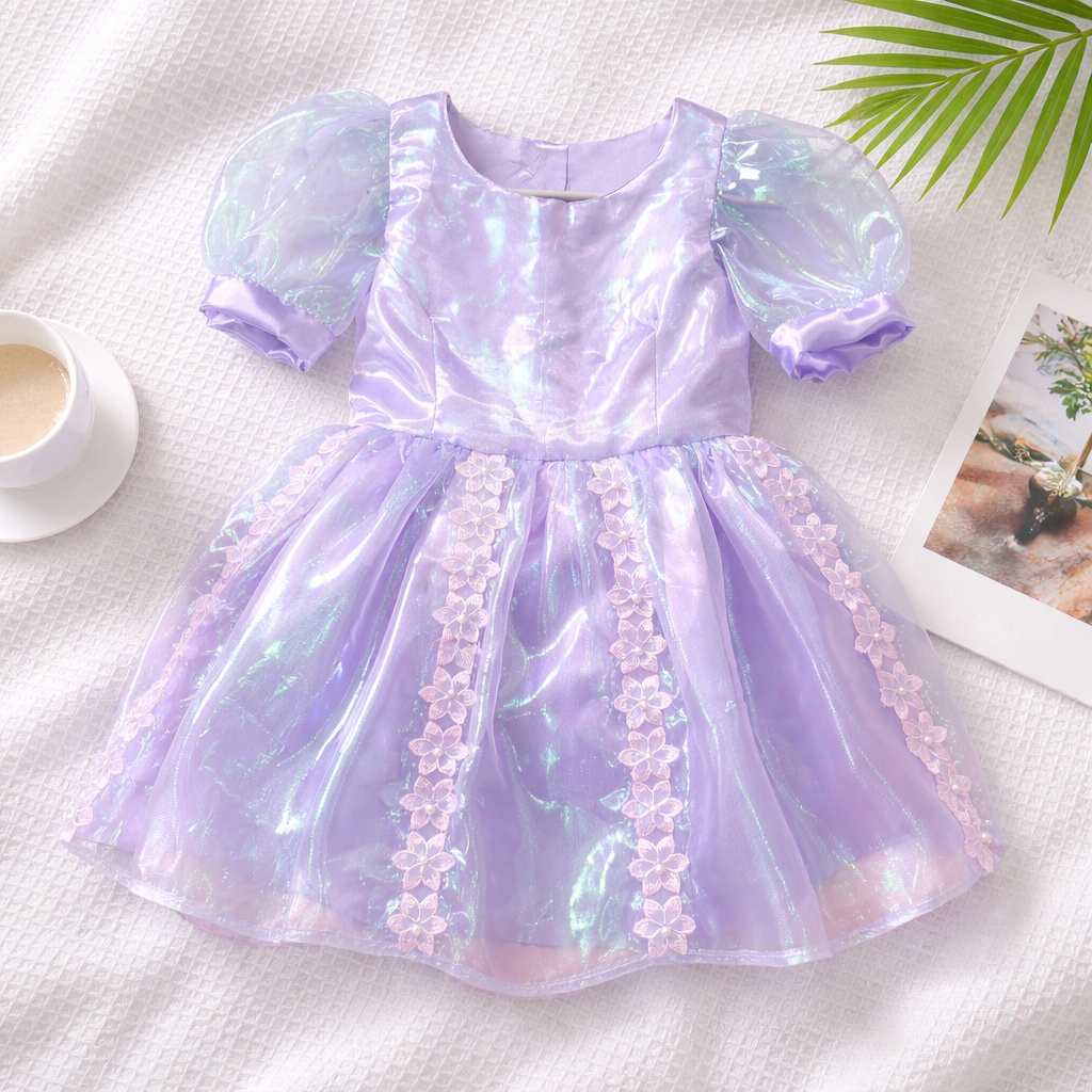 Girls Lilac Organza Embroidered Bow Back Handmade Dress