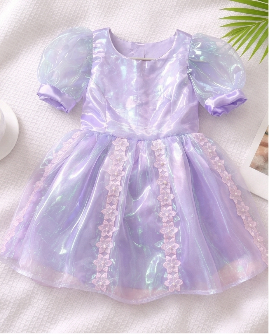 Girls Lilac Organza Embroidered Bow Back Handmade Dress
