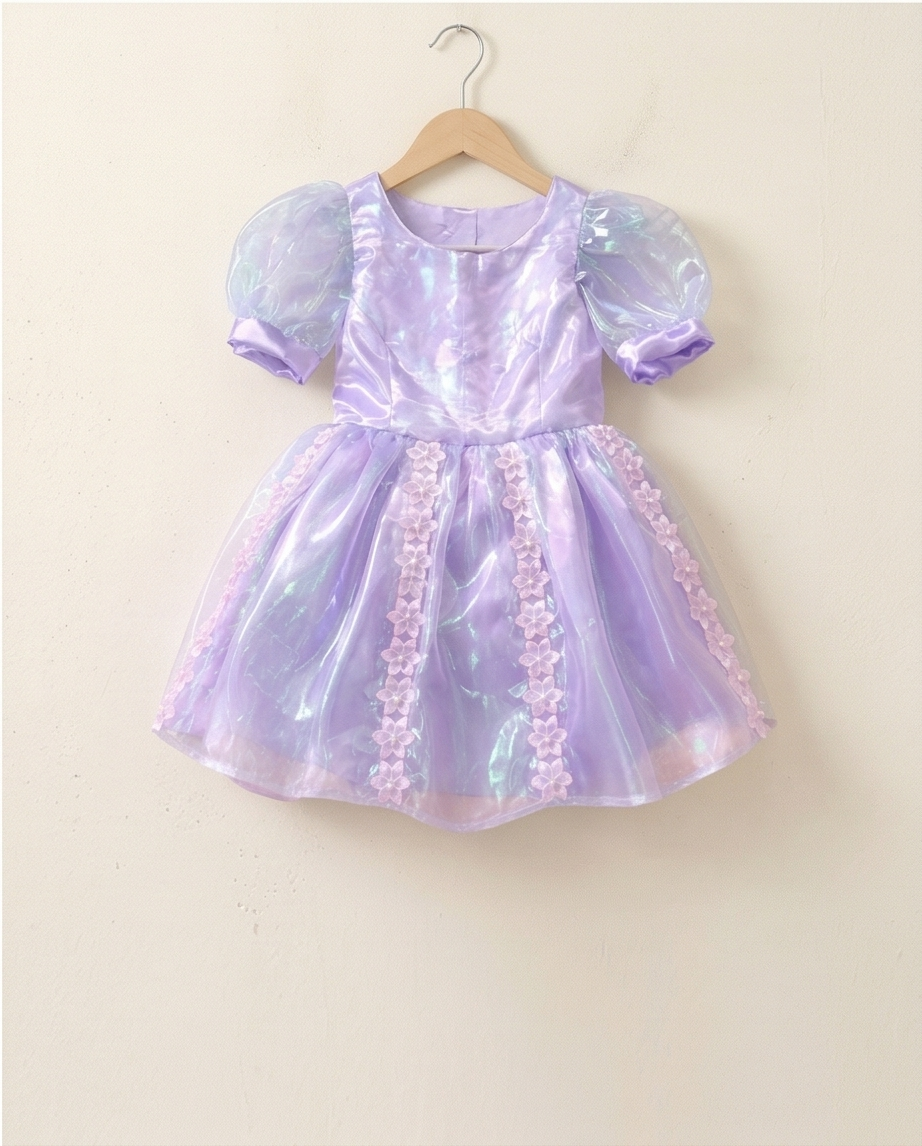 Girls Lilac Organza Embroidered Bow Back Handmade Dress