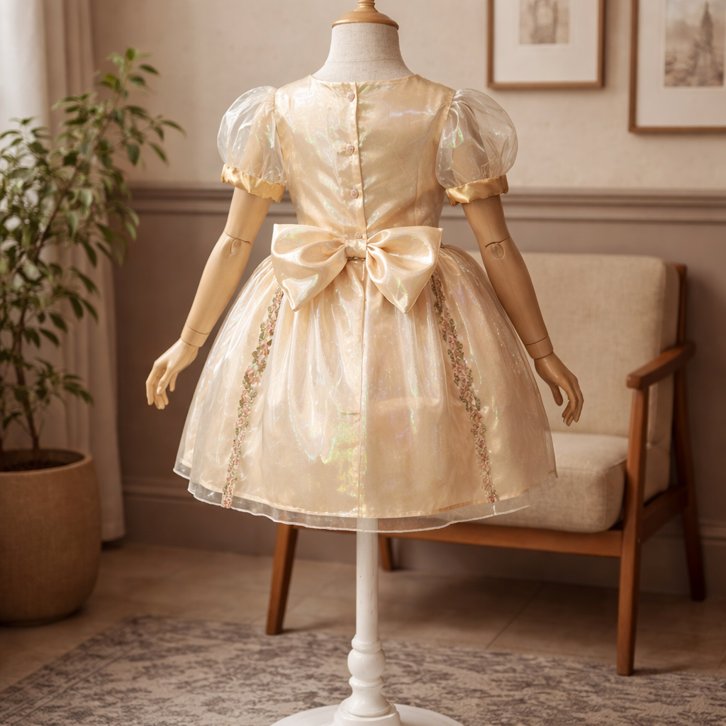 Girls Champagne Organza Embroidered Lined Handmade Dress