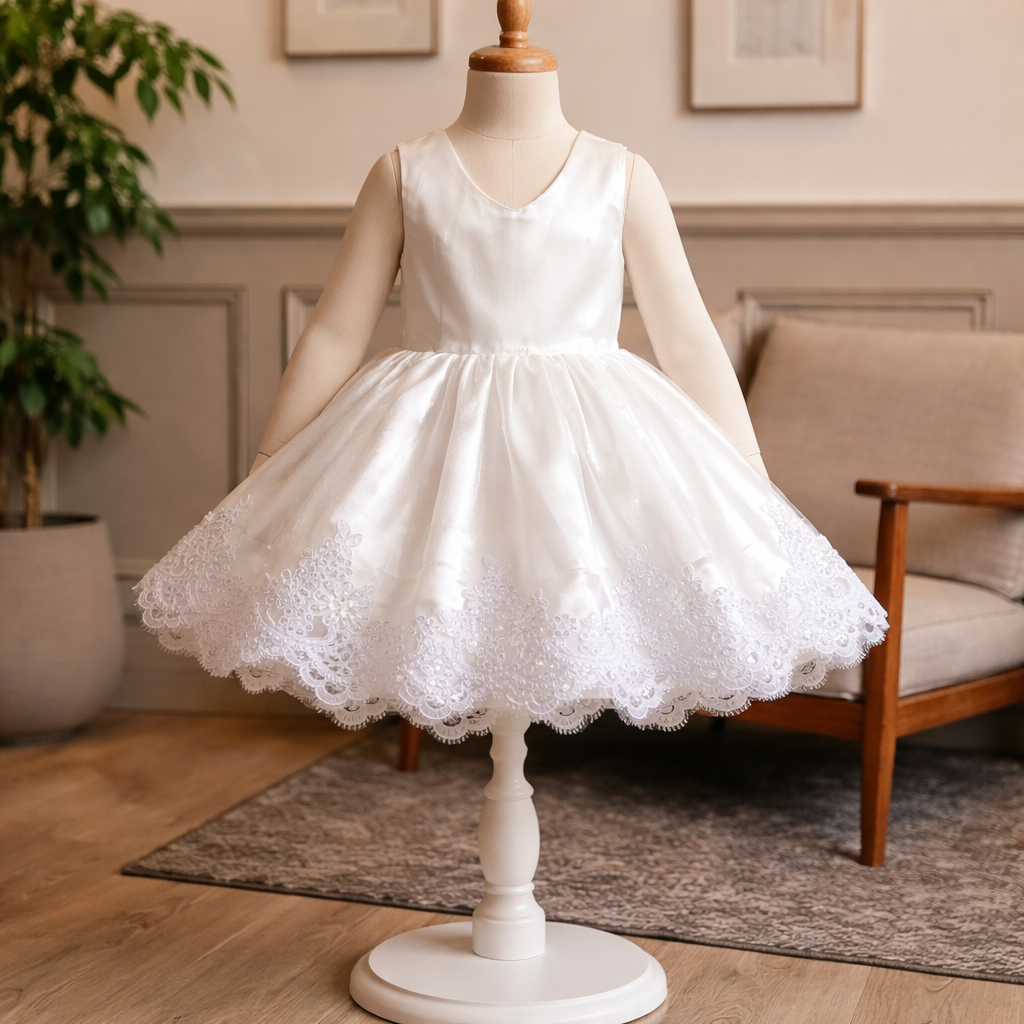 Girls White Embroidered Hem V-Back Bow Handmade Dress