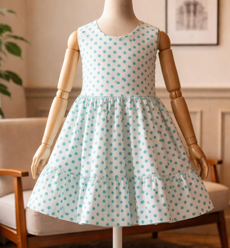 Girls Light Blue Polka Dot Dress with Bow and V-Back