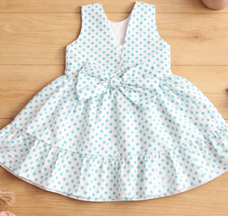 Girls Light Blue Polka Dot Dress with Bow and V-Back