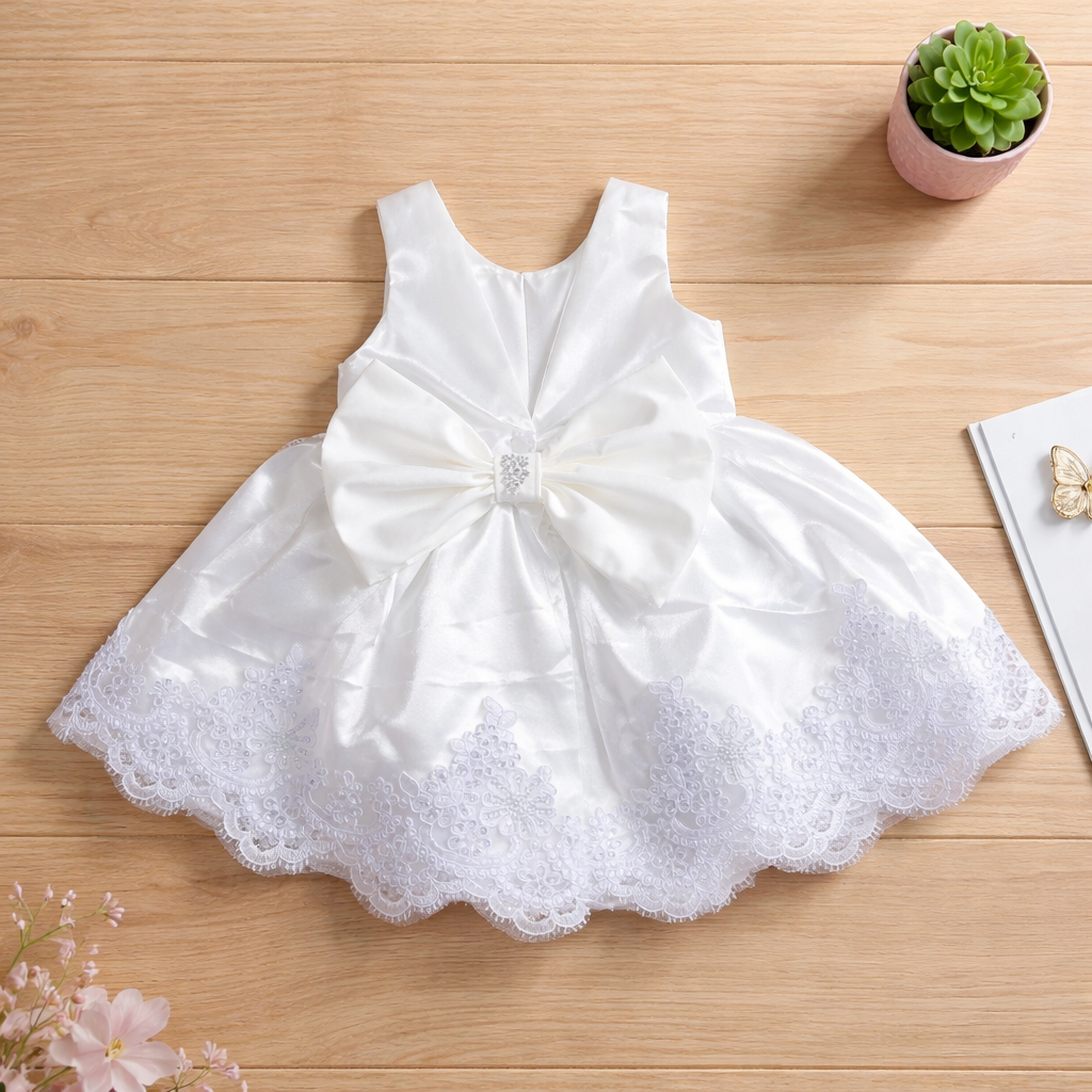 Girls White Embroidered Hem V-Back Bow Handmade Dress