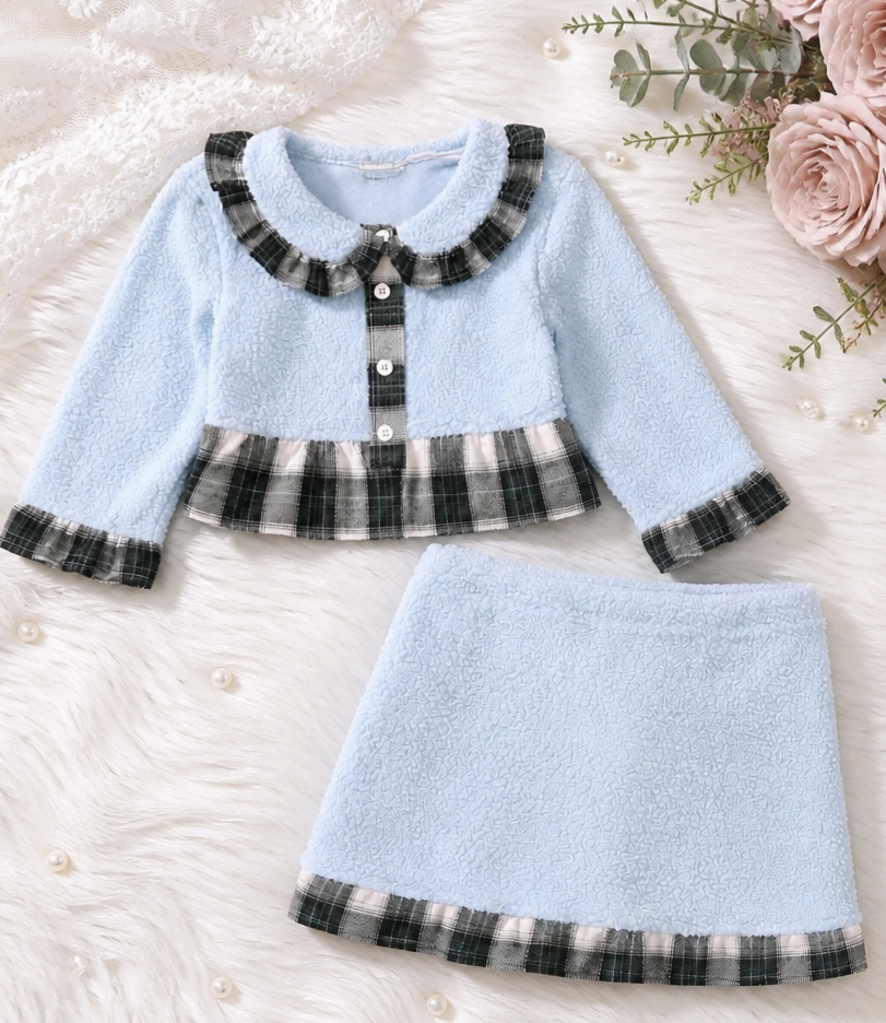 Girls Light Blue & Black Plaid 2-Piece Jacket & Skirt Set - Handmade Exclusive