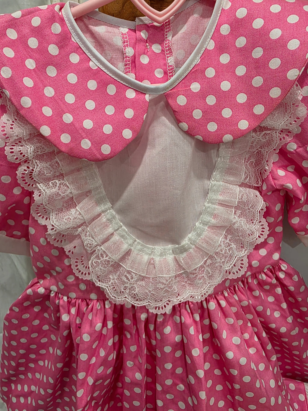 Girls Pink Polka Dot Dress with Lace Detail