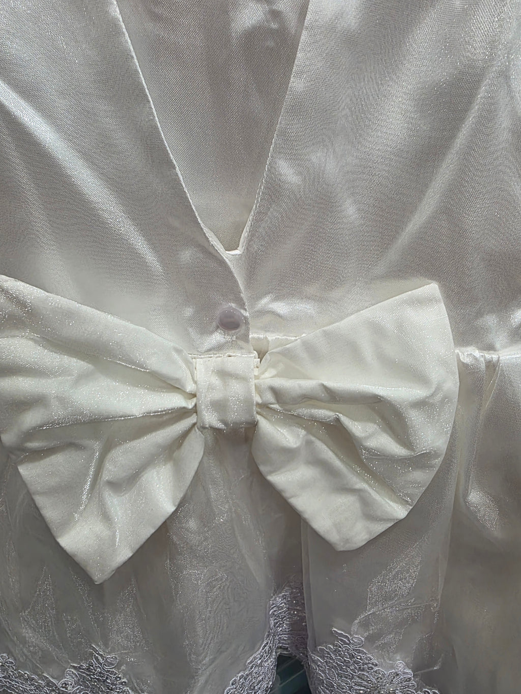 Girls White Embroidered Hem V-Back Bow Handmade Dress