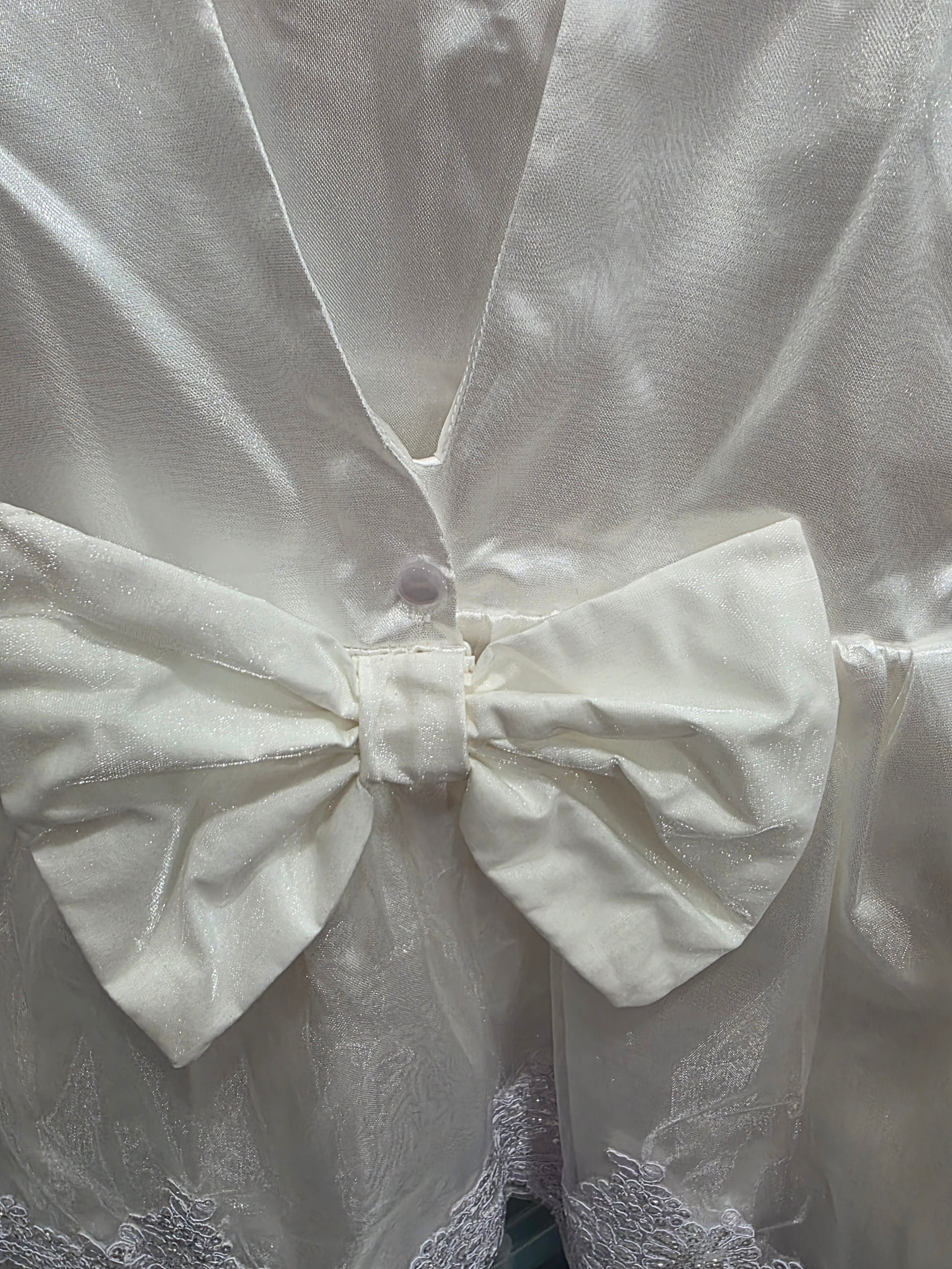 Girls White Embroidered Hem V-Back Bow Handmade Dress