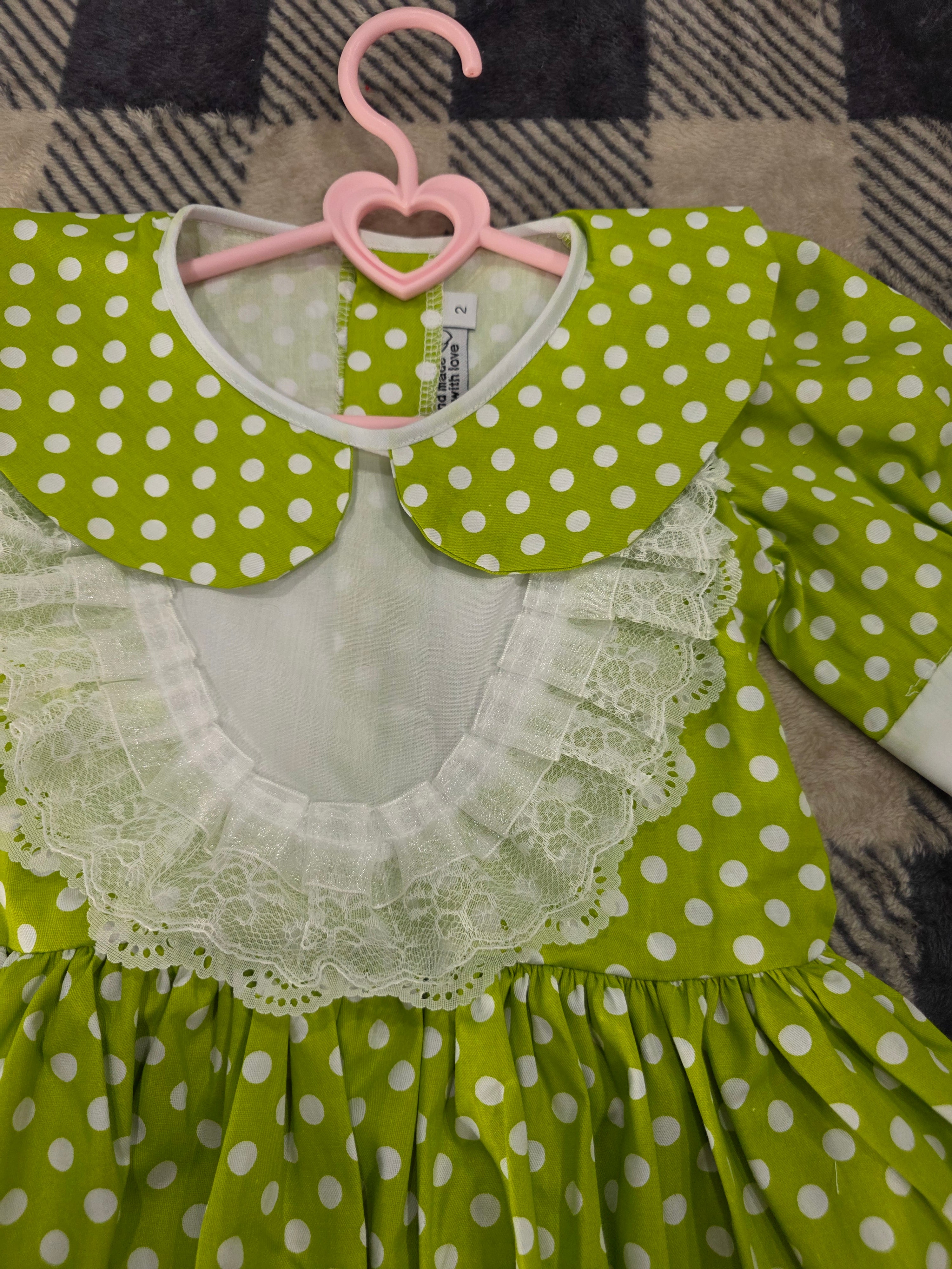Girls Green Polka Dot Dress with Lace Detail