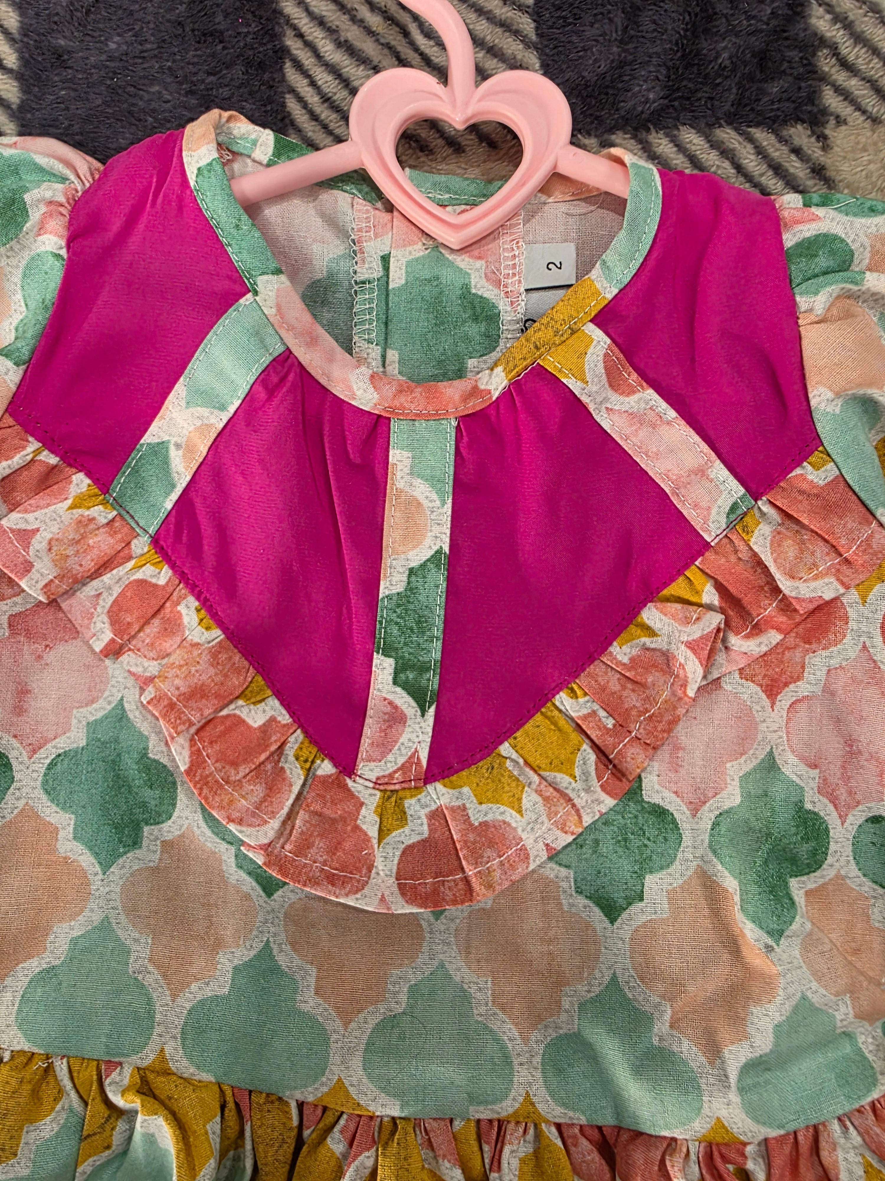 Girls Pastel Multicolor Diamond Print Dress with Chest Detail