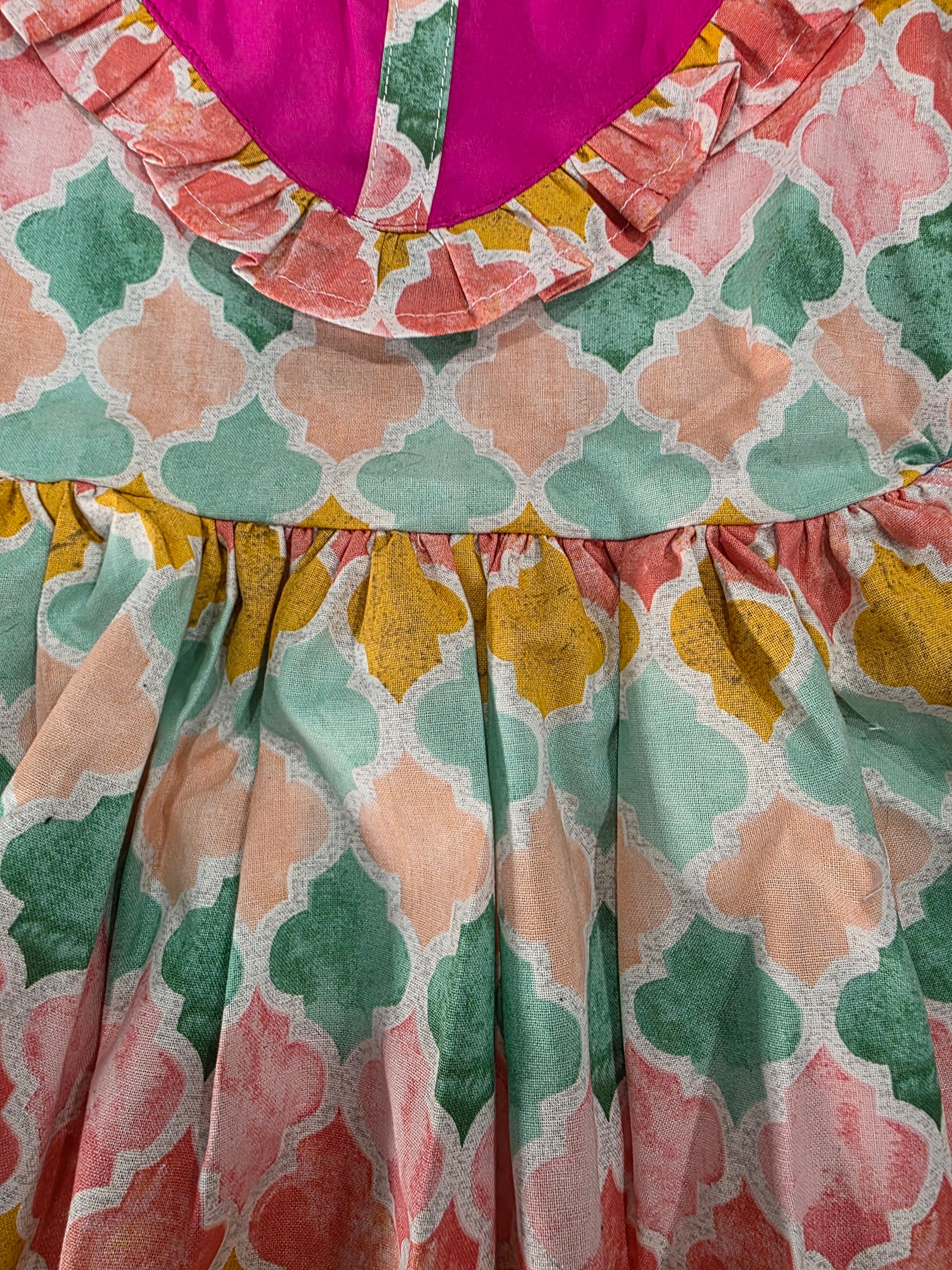 Girls Pastel Multicolor Diamond Print Dress with Chest Detail
