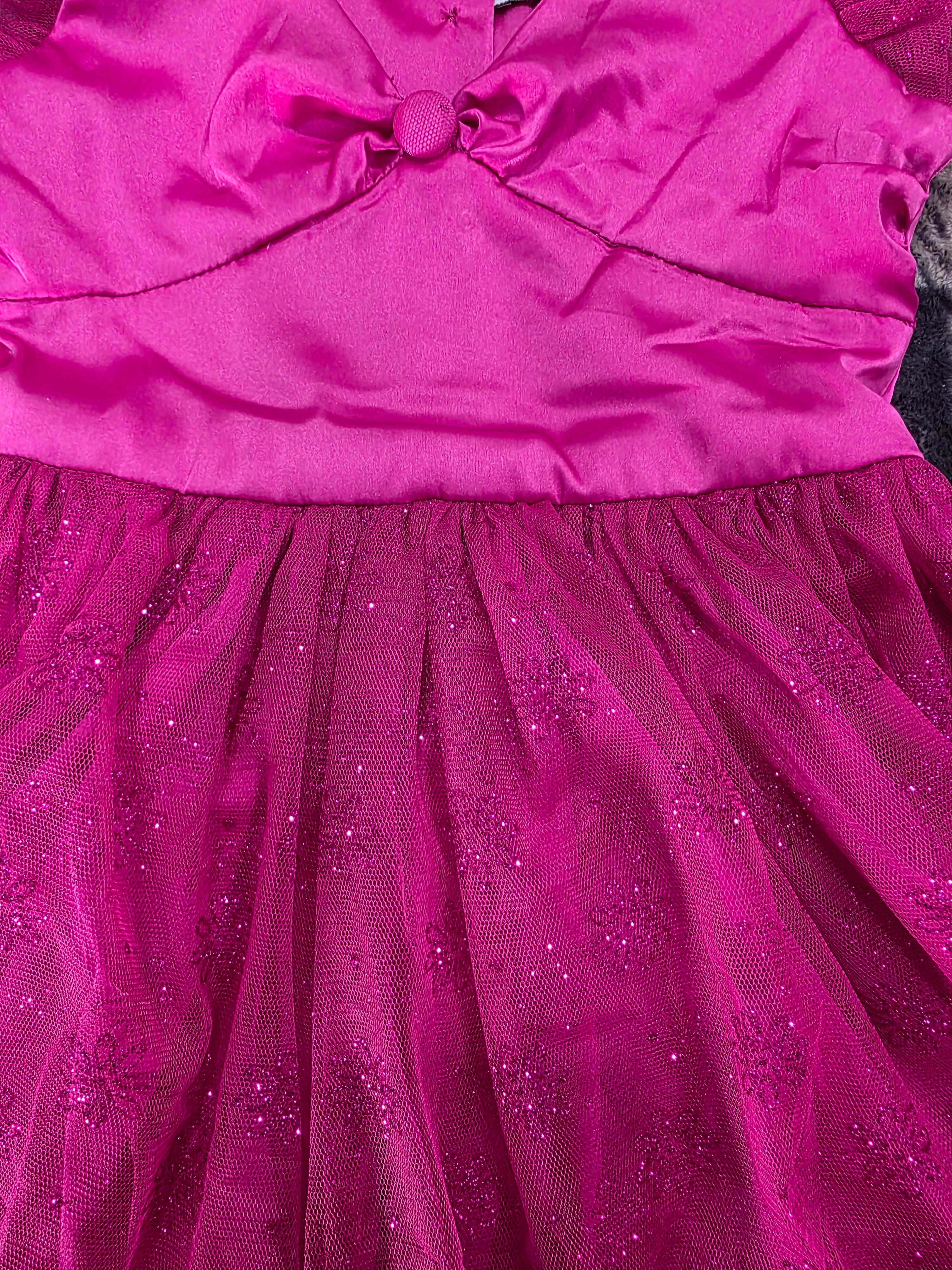 Girls Fuchsia Tulle Butterfly Sleeve Bow Back Handmade Dress