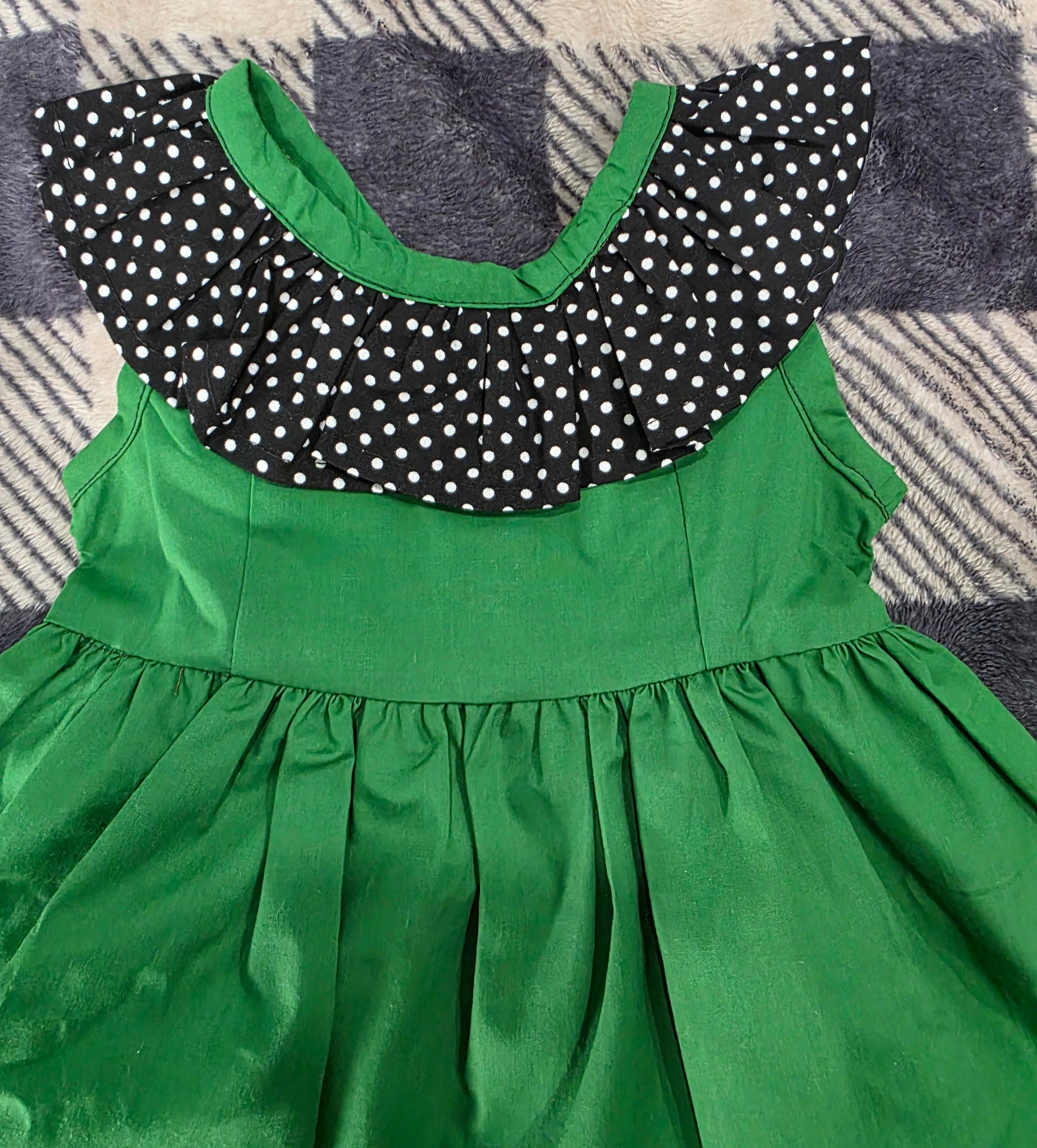 Girls Dark Green & Black Polka Dot Summer Dress with Matching Hat - Handmade