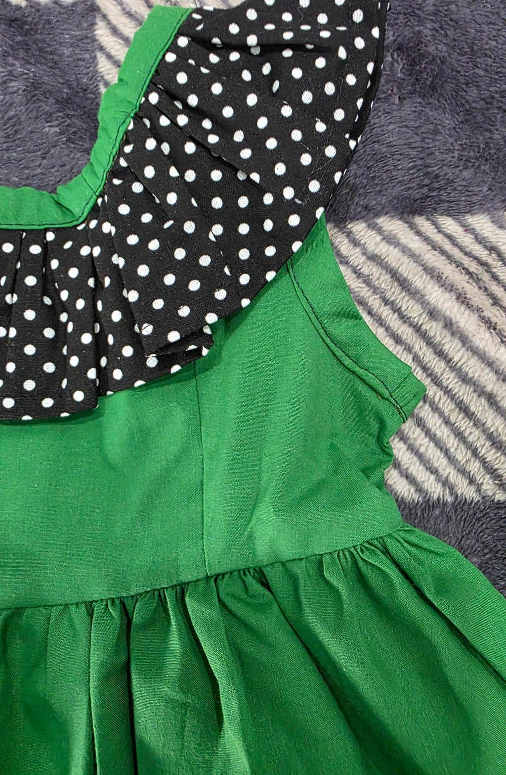 Girls Dark Green & Black Polka Dot Summer Dress with Matching Hat - Handmade