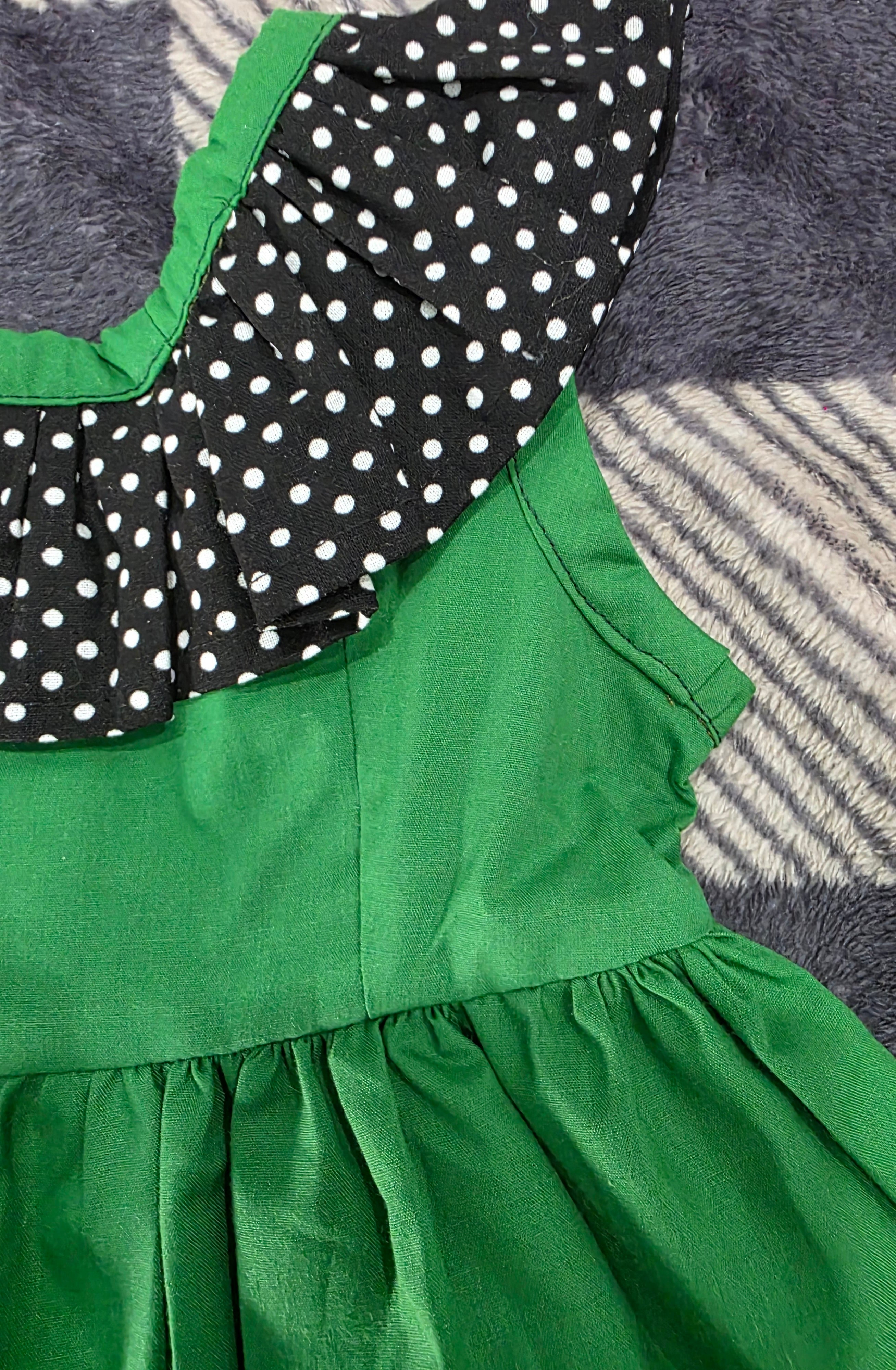 Girls Dark Green & Black Polka Dot Summer Dress with Matching Hat - Handmade