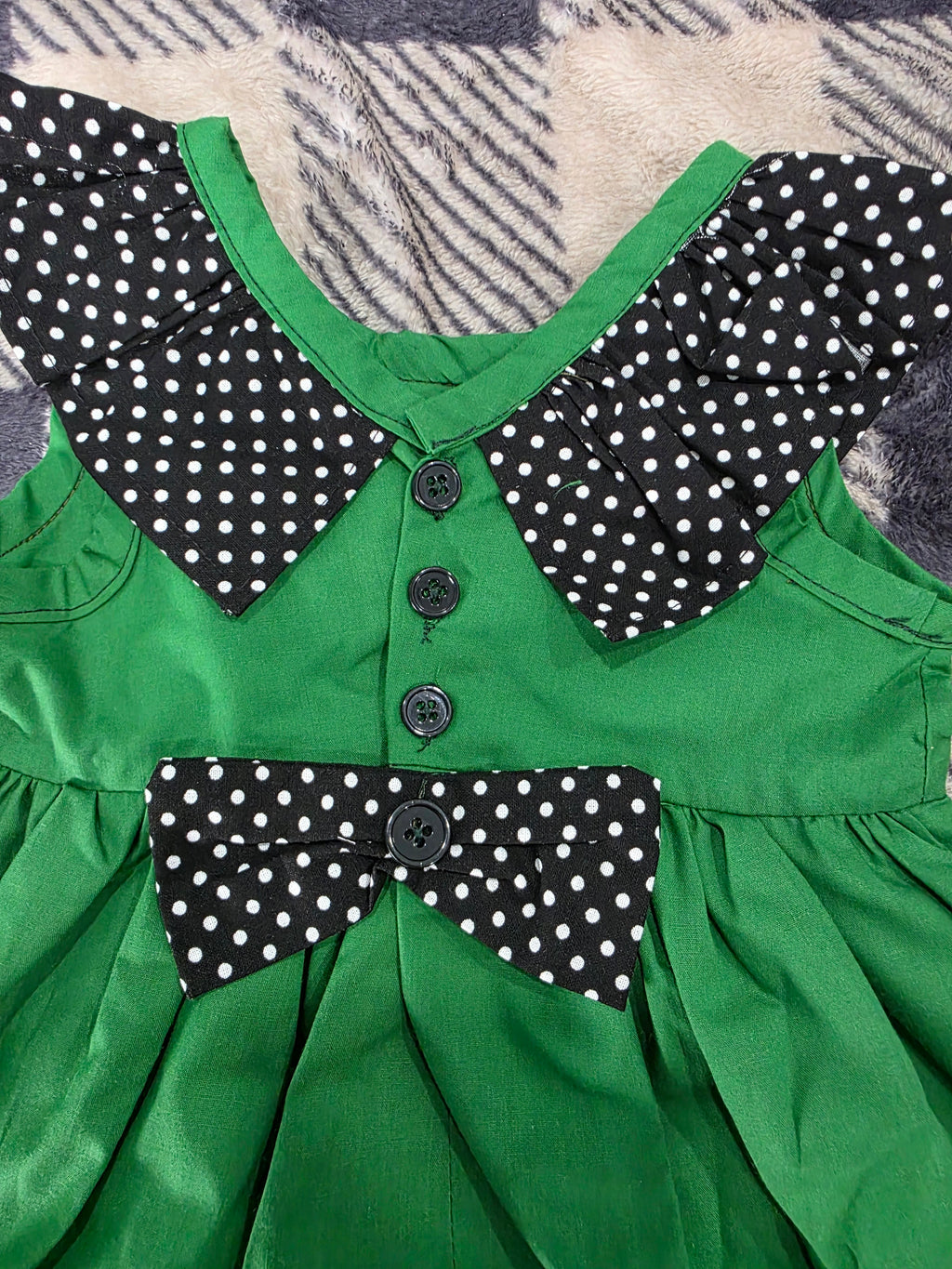 Girls Dark Green & Black Polka Dot Summer Dress with Matching Hat - Handmade