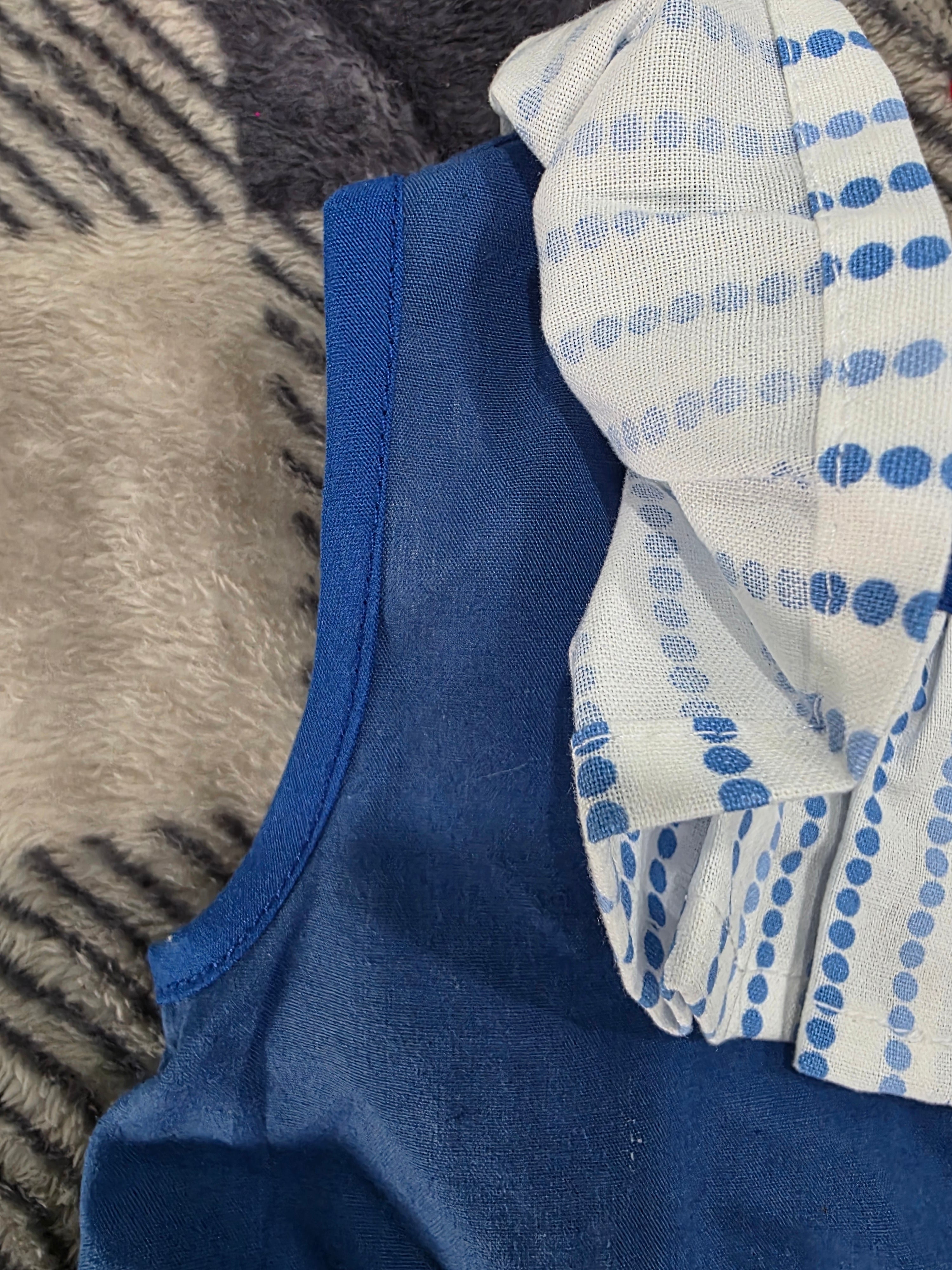 Girls Blue & White Polka Dot Summer Dress with Matching Hat - Handmade