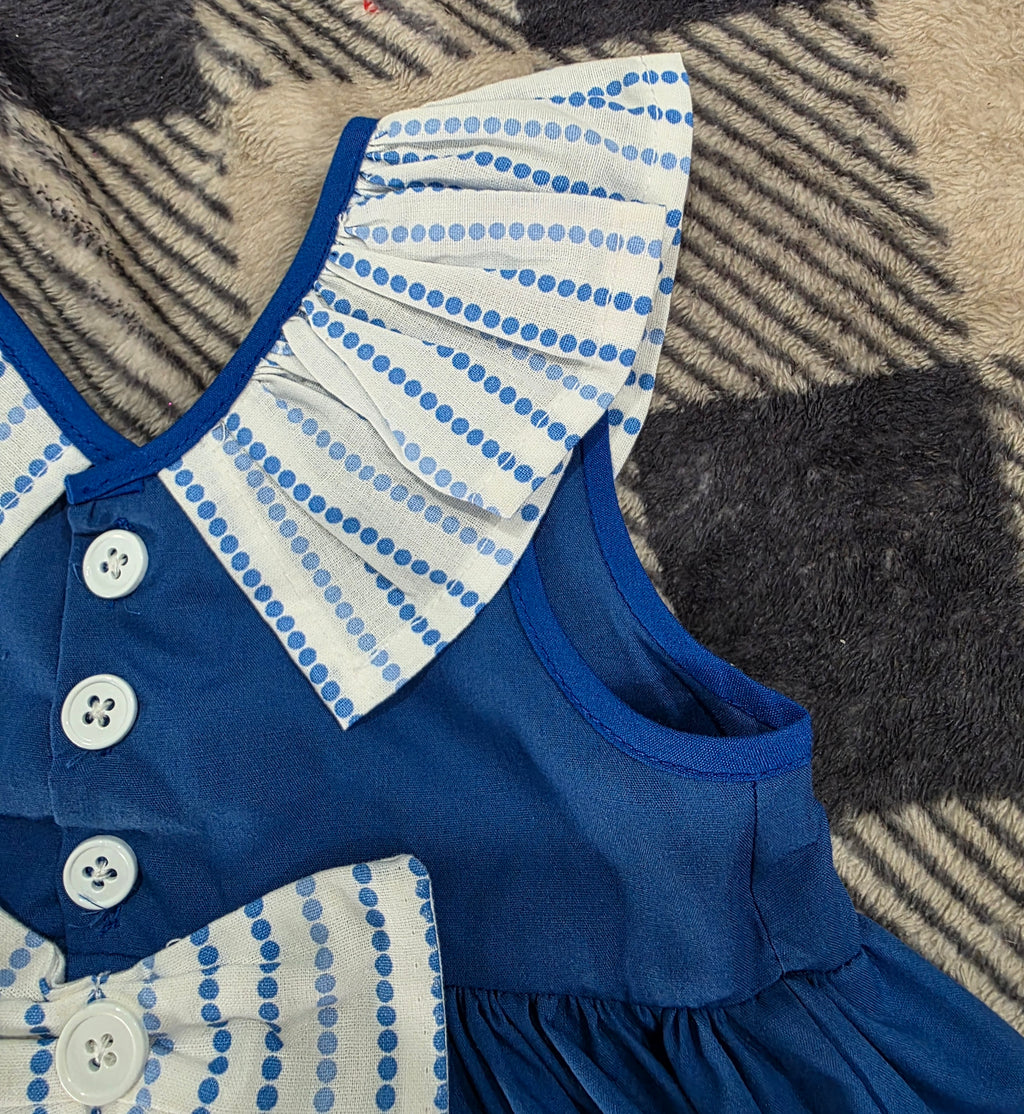 Girls Blue & White Polka Dot Summer Dress with Matching Hat - Handmade