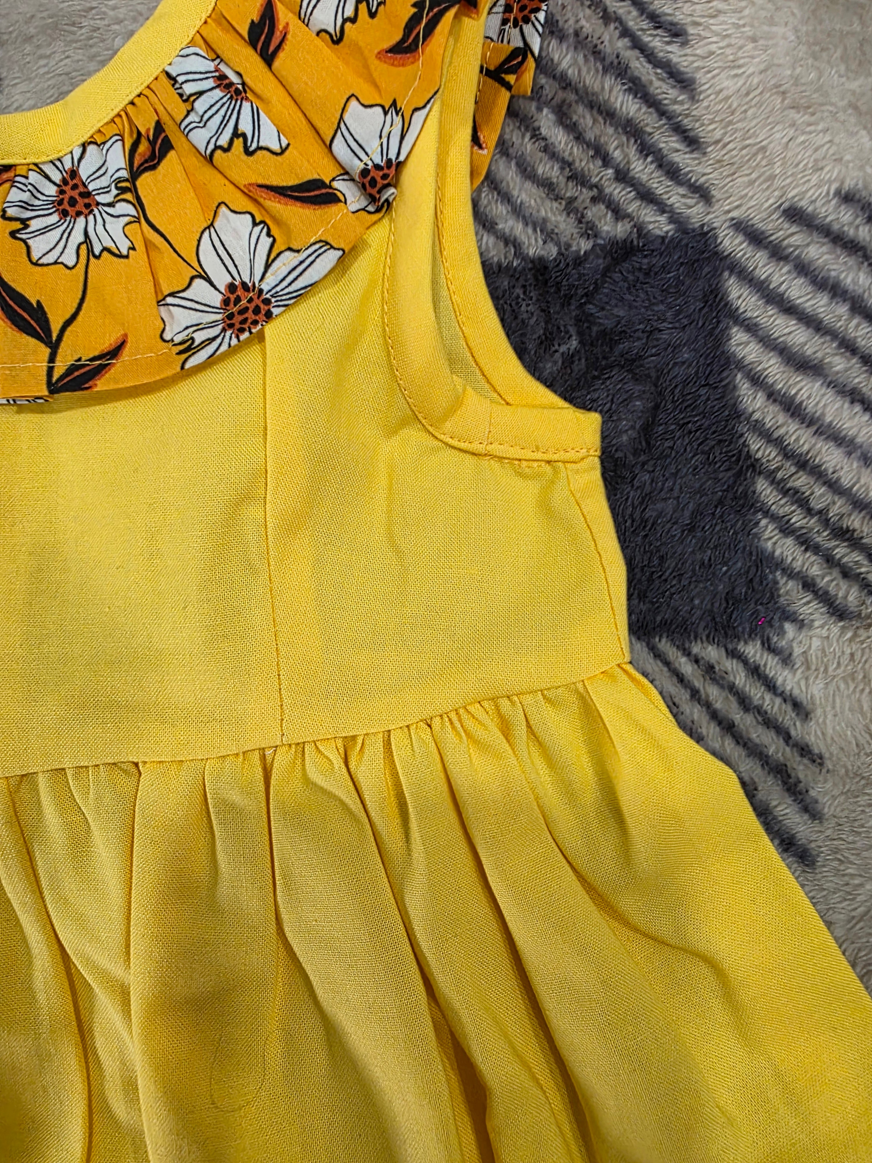 Girls Yellow Floral Print Summer Dress with Matching Hat - Handmade