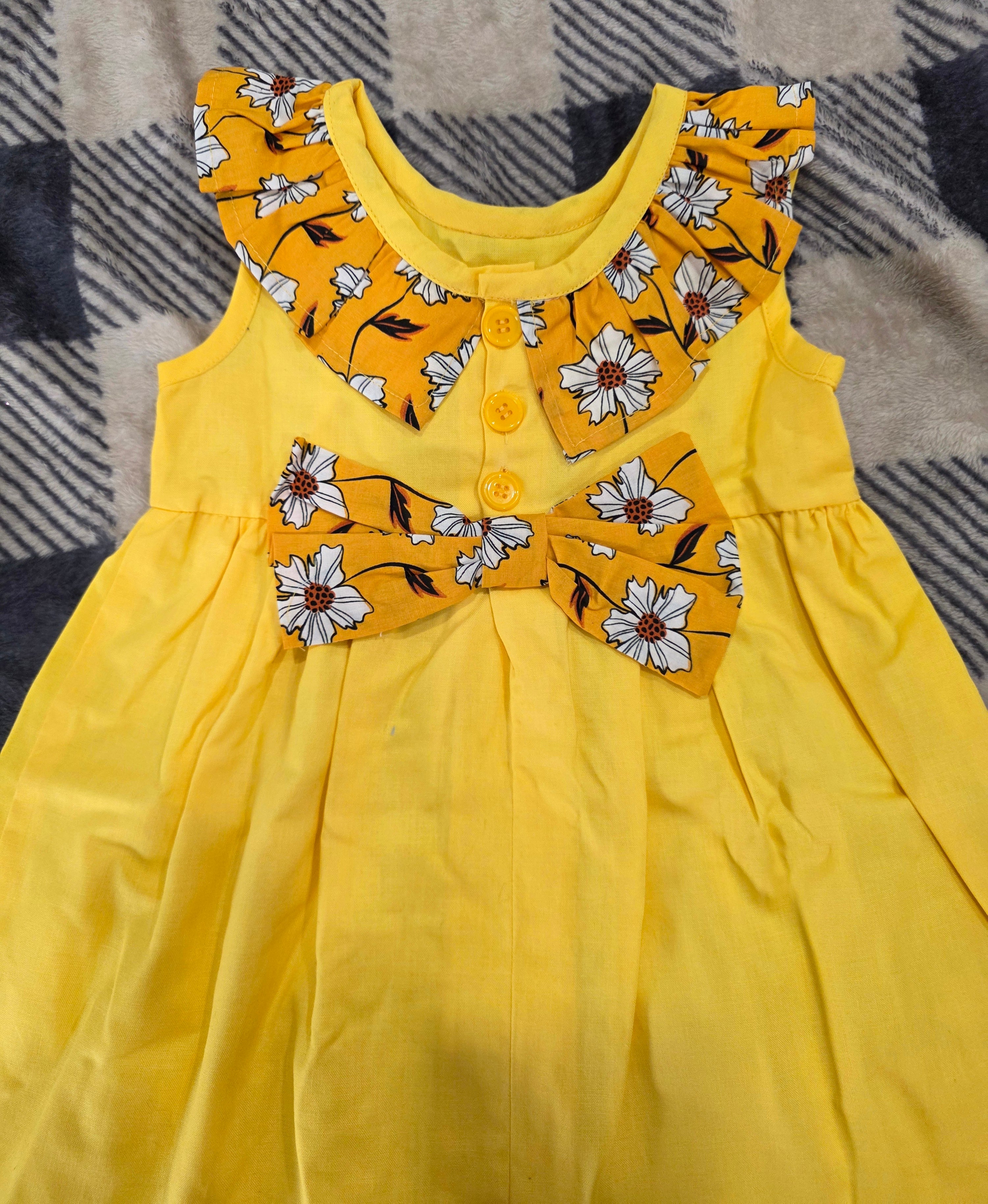 Girls Yellow Floral Print Summer Dress with Matching Hat - Handmade